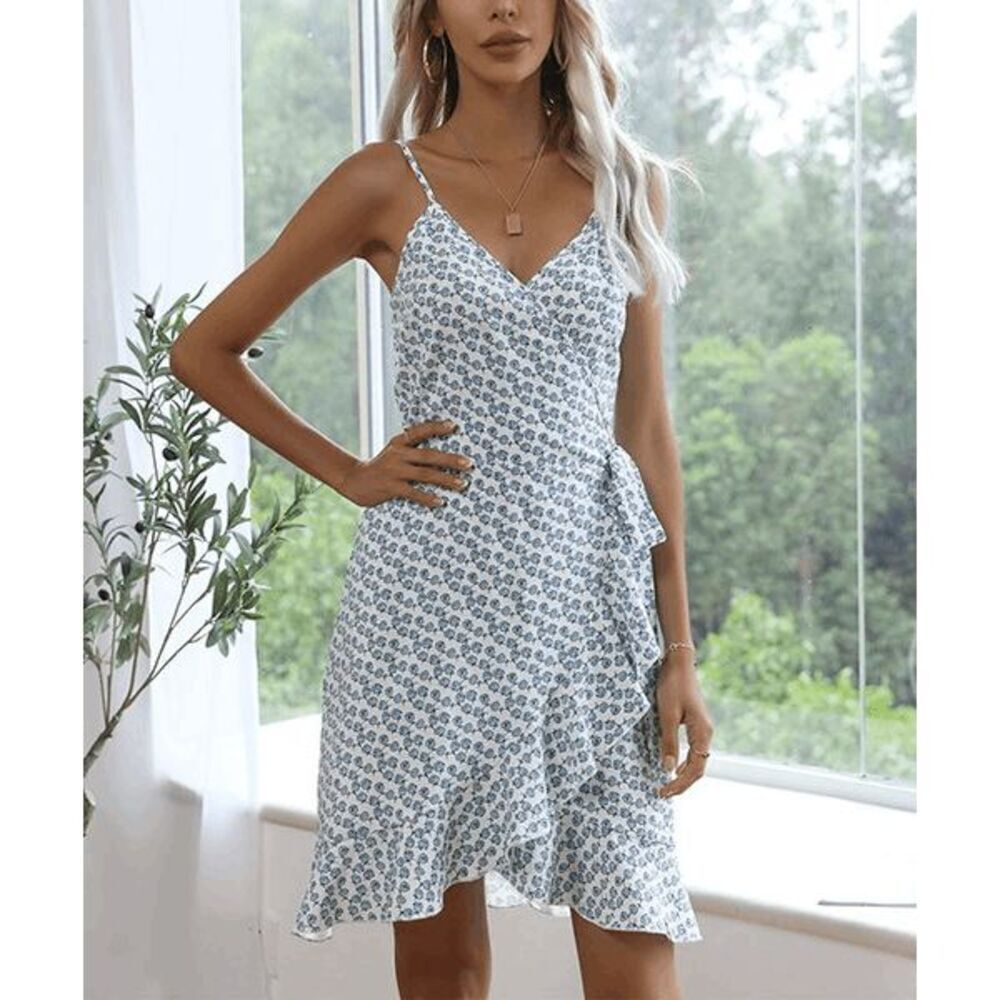 Women's White & Blue Floral String Sleeveless Wrap Dress M 1929-D3